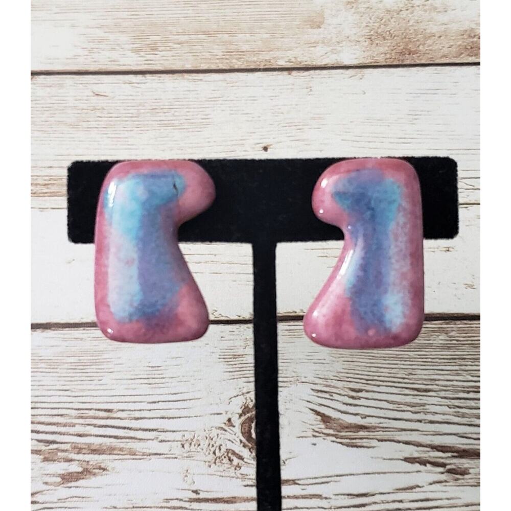 Vintage Clip On Earrings - Unusual Shape Blue & Pink Tones 1.25"